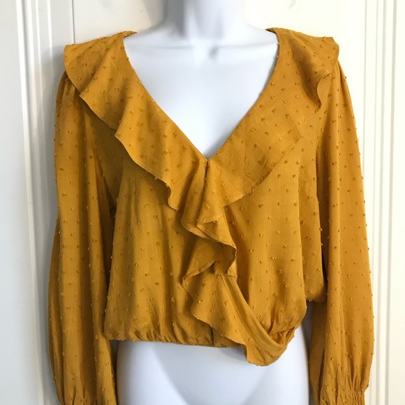 Lulus Women’s S Mustard Swiss Dot Ruffle Long Puff Sleeve Smocked Wrist Top EUC - Picture 10 of 16